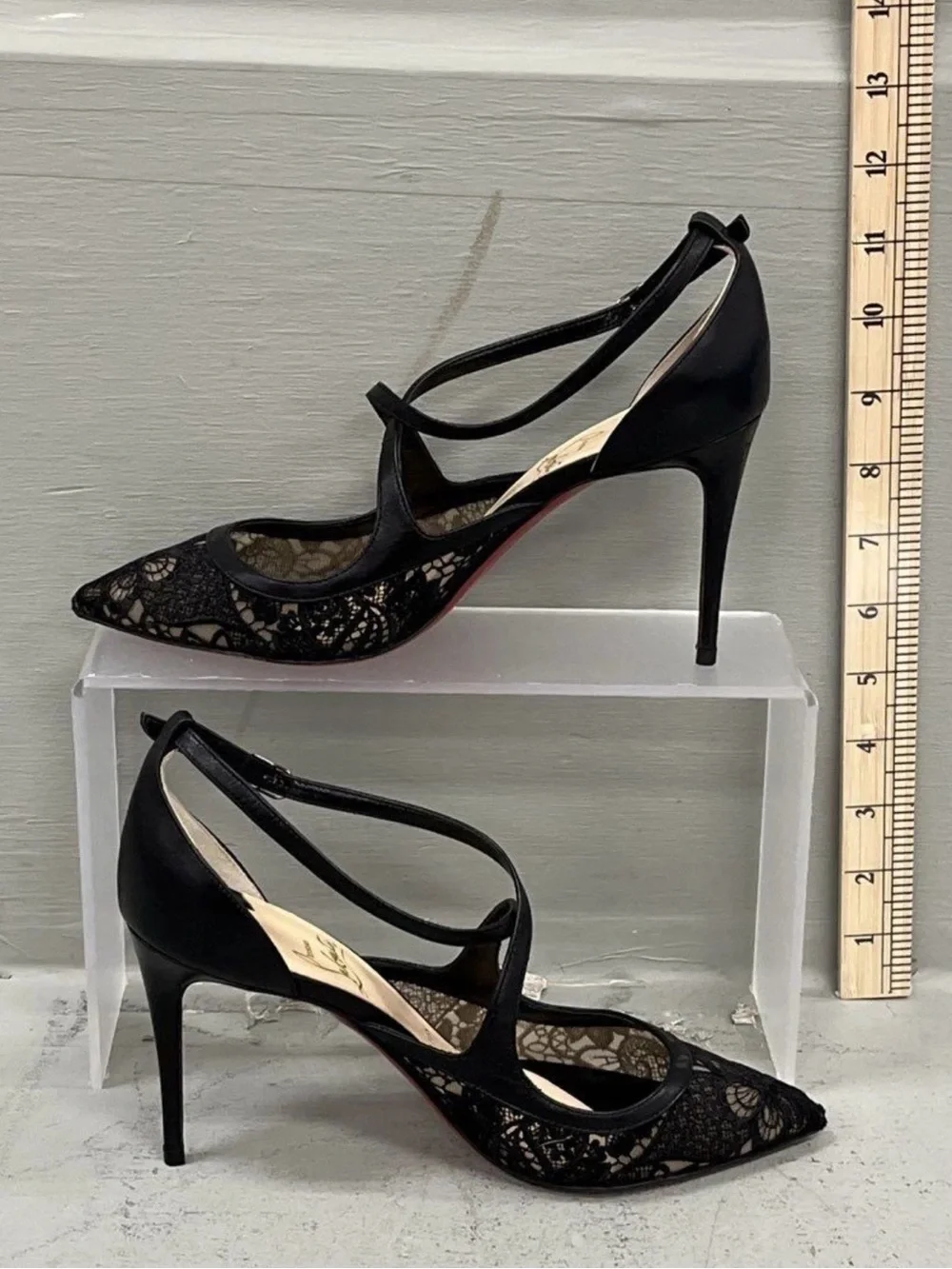 Christian Louboutin Black Lace Pointed-Toe Crisscross Strap Pumps